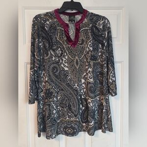 J.T.B. Paisley Print Blouse with Velvet Trim Women's Casual Shirt Medium